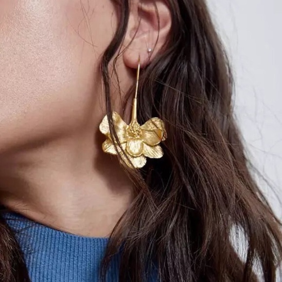 Zara Zinnia Flower Boho Gold Dangle Big Long Drop Earrings - Picture 12 of 15